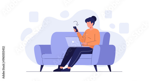 Woman working on laptop and phone on sofa, remote work, digital nomad lifestyle