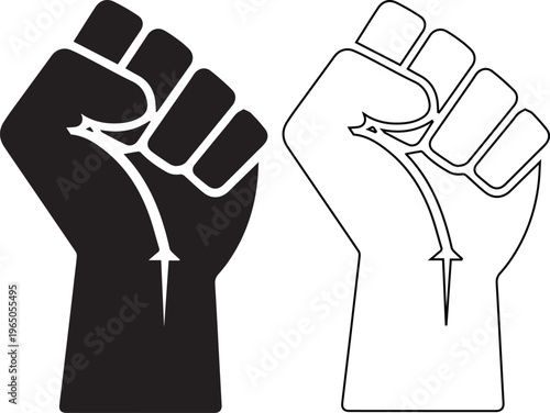 minimalist vector set featuring a raised clenched fist in solid black silhouette and line art outline, symbolizing strength, protest, unity, and human rights activism.