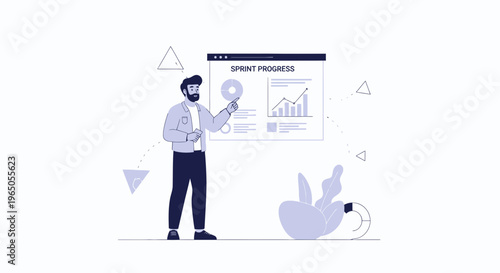 Man presenting sprint progress chart with growing graph on screen, business analytics concept