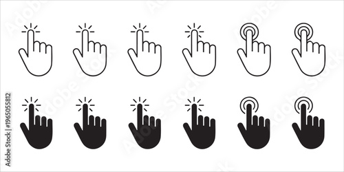 Clicking hand cursors in outline and solid black, featuring various interactive tap gestures.