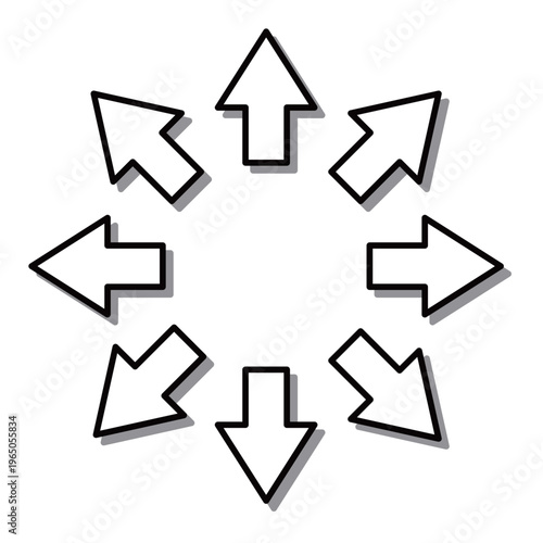 図解のアクセントに便利な、影付きで立体感のある8方向矢印