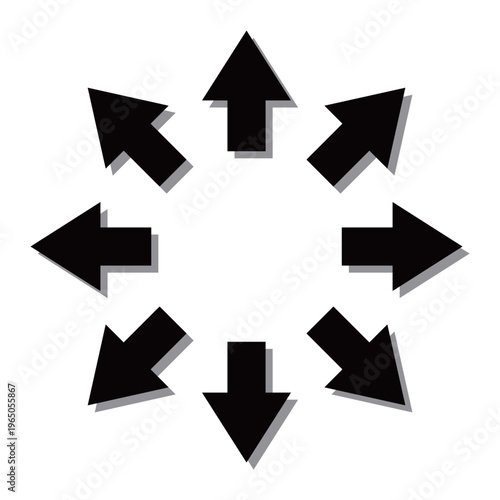 サムネイルの装飾に最適な、太いシルエットと影が付いた8方向矢印