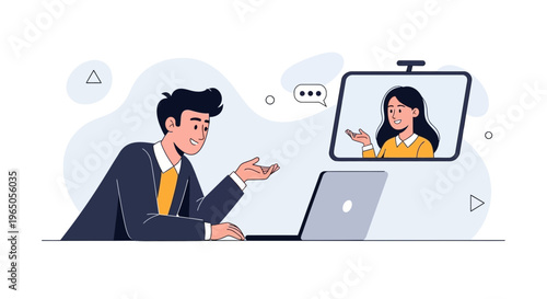 Business meeting online: man video conferencing with colleague on laptop