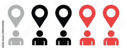 Set of 10 location and user icons in gray, black, and red colors, for maps and profiles.