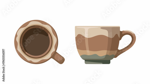 A pair of artistic ceramic coffee cups displayed side by side, one shown from a top-down perspective and the other from a profile view, featuring earthy tones and a rustic design.