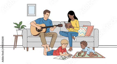 Family enjoying music and reading together on the couch with children playing