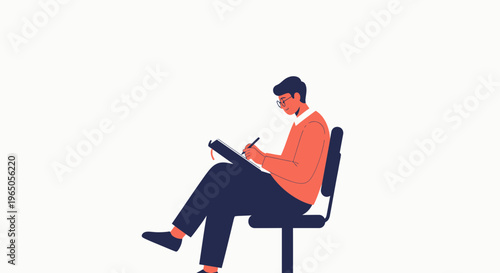 Man Sitting on Chair Writing in Notebook, Studying, Working, Creative Process