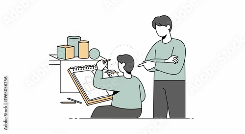 Architects or designers collaborating on a blueprint, man sketching, mentor guiding