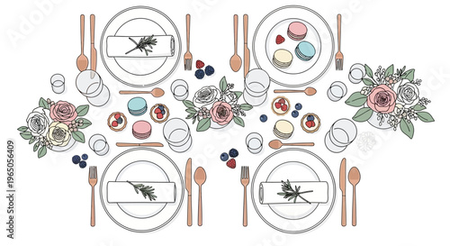 Elegant Table Setting for Two with Macarons, Berries, and Flowers