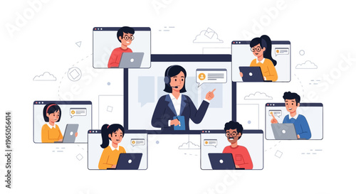 Online Meeting Participants Connect with Instructor via Laptop Screens
