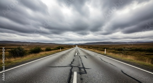 Long straight empty asphalt road stretches toward the horizon under a dramatic, heavily clouded, overwhelming gray sky above barren landscape.