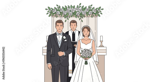 Diverse Couple Wedding Ceremony with Officiant, Modern Illustration Style