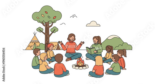 Children Listening To Story Around Campfire Outdoors