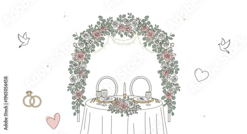 Romantic Wedding Table for Two Under Floral Arch with Doves and Rings