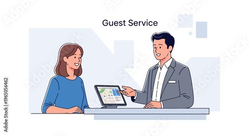 Hotel staff assisting guest with tablet displaying map and information, guest service concept