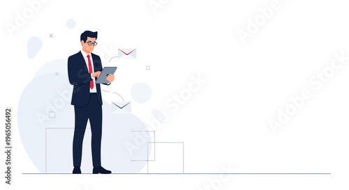 Businessman using tablet with email notifications, digital communication concept