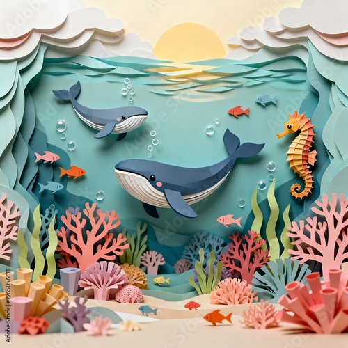 Cute Paper Cut Whales and Seahorses Underwater Coral Scene Nursery Illustration for Kids and Baby Decor