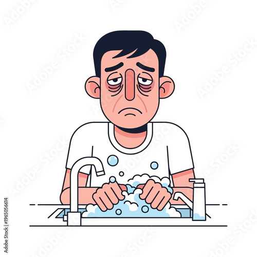 Exhausted Man Washing Dishes with Dark Circles Under Eyes