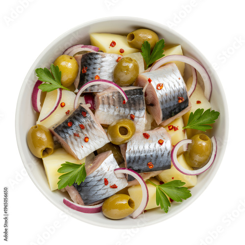 Smoked fish salad with olives and onions food isolated on a transparent background