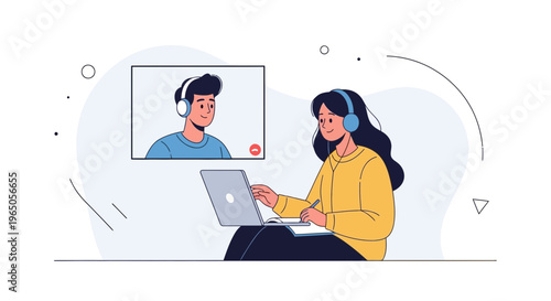 Online Meeting: Woman with Headphones on Laptop, Man in Video Call