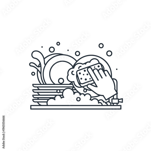 Hand washing dishes with sponge and bubbles, clean kitchenware, hygiene concept