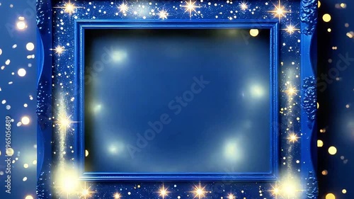 Blue christmas frame with glowing stars and snowflakes creates a magic winter night sky design for a holiday card illustration