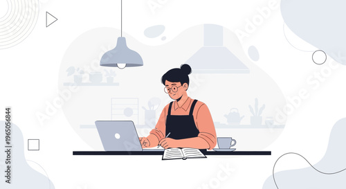 Woman working on laptop and notebook at home, modern kitchen interior, remote work concept