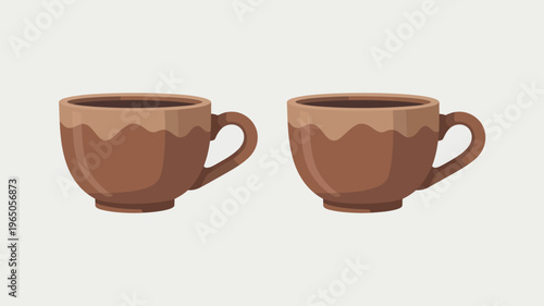 Two identical rustic brown ceramic coffee or tea cups are neatly displayed side-by-side, ready for serving warm beverages in a cozy setting.