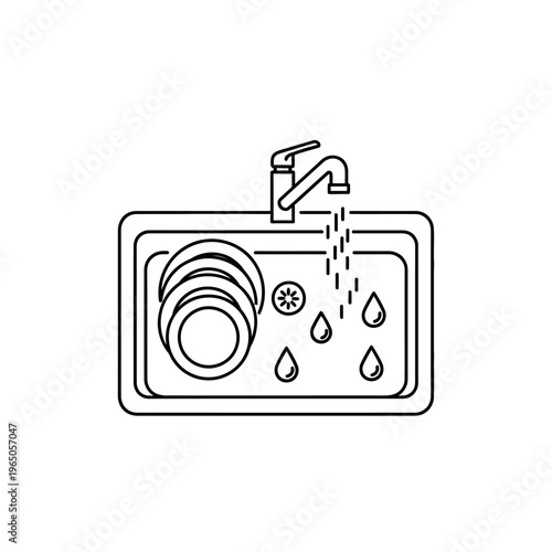 Kitchen Sink with Dishes and Running Water, Outline Icon