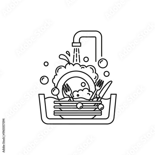 Kitchen sink with dishes, water running from faucet, soap bubbles, cleaning, hygiene concept