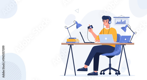 Man working remotely with multiple laptops and headphones, modern home office setup