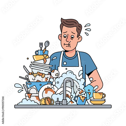 Man overwhelmed by huge pile of dirty dishes in sink, cartoon illustration