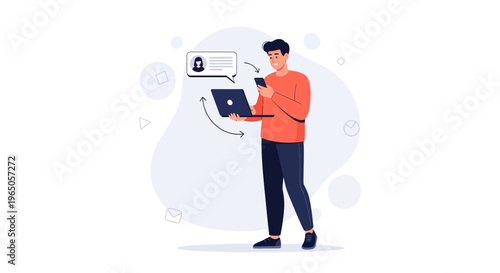 Man using laptop and smartphone, receiving message notification, modern flat illustration