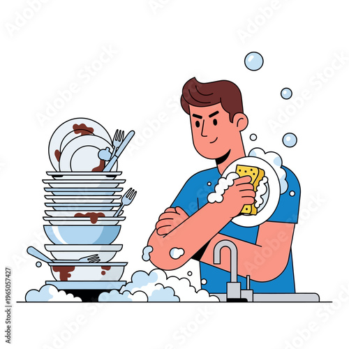 Man washing dirty dishes in sink with soap suds, pile of plates and pans