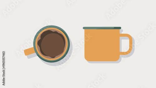 A vibrant orange enamel camping mug is shown from two perspectives: a top-down view revealing beverage inside and a side view showcasing its classic design.