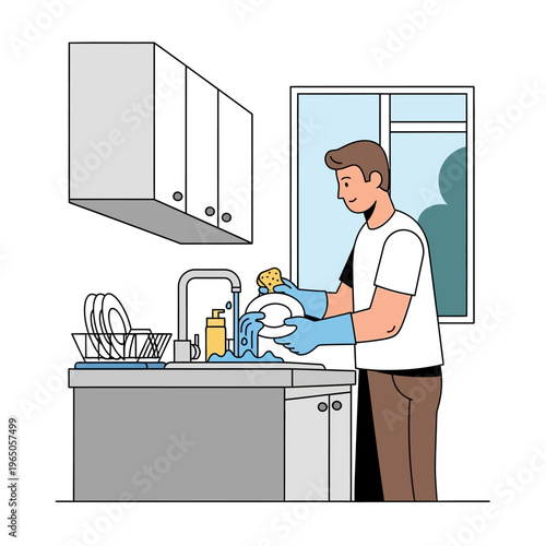 Man Washing Dishes in Kitchen Sink with Running Water and Soap Dispenser