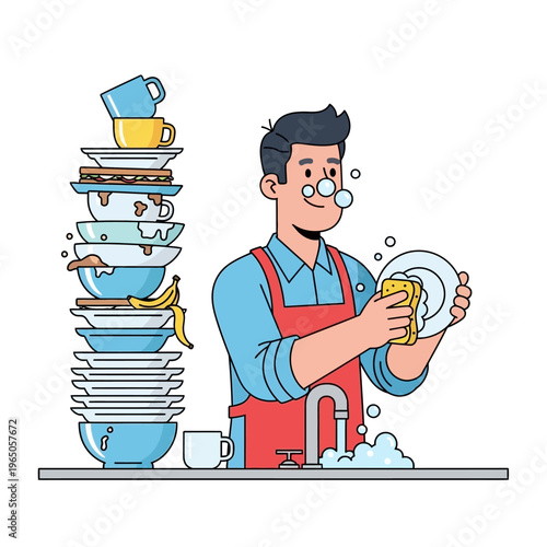 Man washing dishes in sink, pile of dirty dishes, domestic chore, illustration