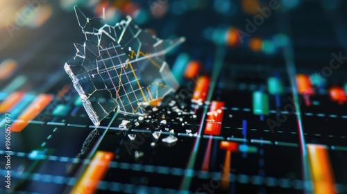 Abstract Financial Data Visualization with Broken Glass Effect Representing Market Volatility and Stock Analysis Concepts