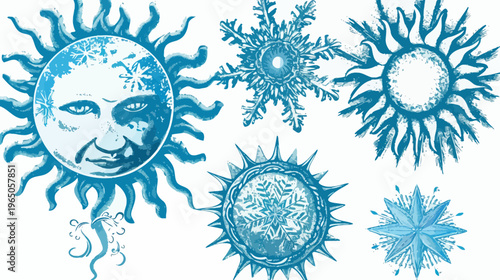 Turquoise watercolor suns and snowflakes on white, creating a winter solstice theme