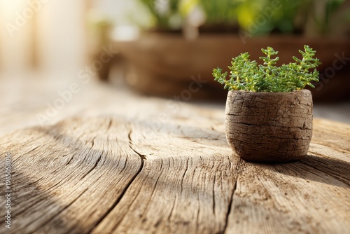 Natural wood surface with potted plant and diffused sunlight, organic material integration capturing nature inspired interior detail perfect for wellness design and green living concept