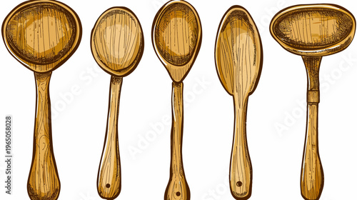 Five wooden spoons in a row, various shapes and sizes. Stylized sketch illustration