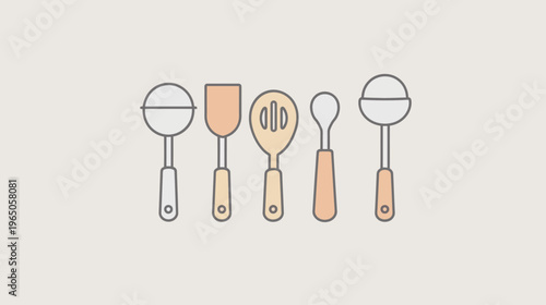 Stylized illustration five kitchen utensils in a row, light background, simple design