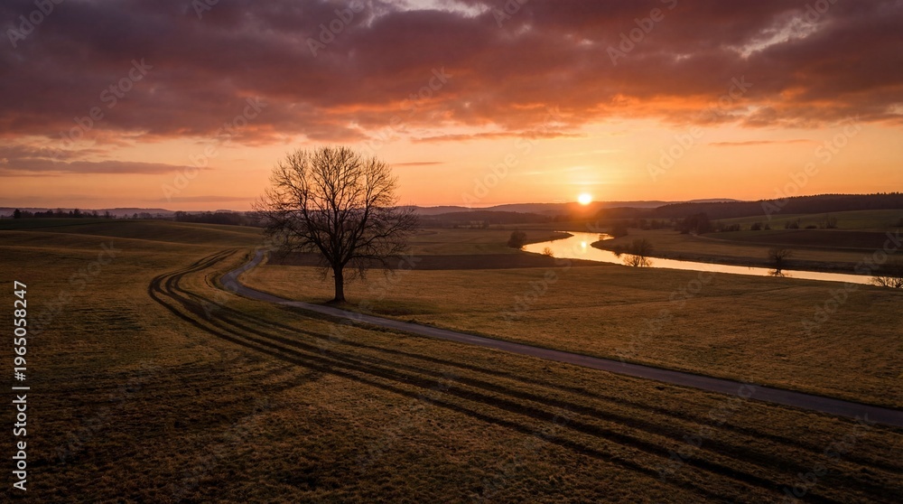 Fototapeta premium A breathtaking sunset paints the sky with fiery hues over a winding river, a solitary bare tree, and a curving dirt path through a vast, tranquil field.