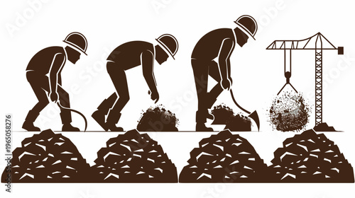 Progression of manual labor towards mechanical using workers and crane, stylized in sepia