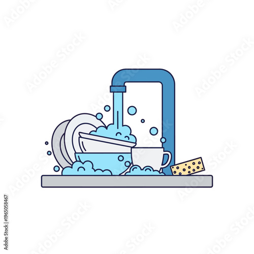 Washing dishes with running water and soap bubbles, kitchen sink illustration