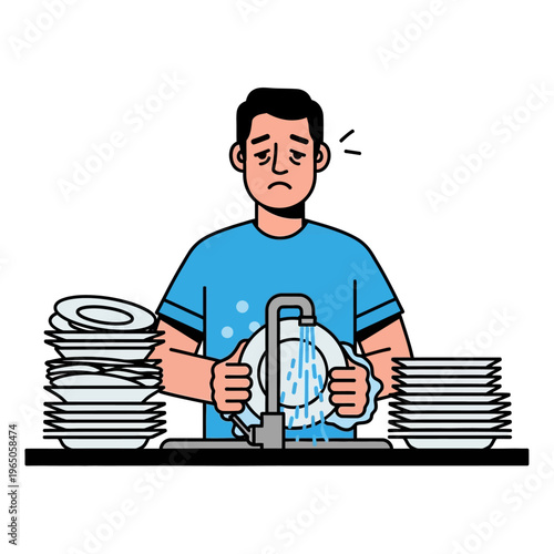 Tired Man Washing Dishes, Stacked Plates, Kitchen Chore, Household Task