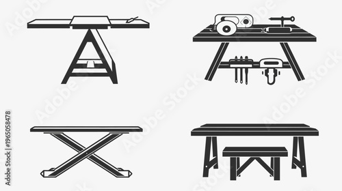 Four black and white silhouettes of various types of workbenches on a white backdrop