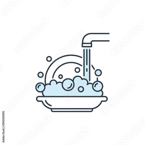 Washing dishes with soap and water, clean plate and bubbles, simple line art icon