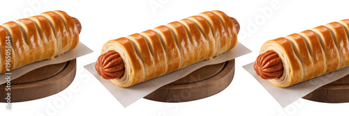 Three golden brown hot dogs wrapped in pastry on wooden boards isolated on a transparent background