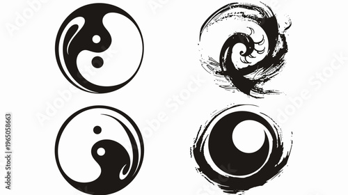 Four unique black & white circular designs on a white background, abstract and distinct